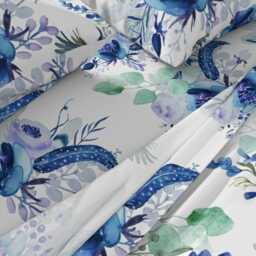 Watercolor Birds Sheets - Hummingbirds By Dawn_Leblanc Blue Green Purple Floral Hummingbird Cotton Sateen Sheet Set Bedding Spoonflower - thumbnail 2