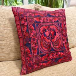 Red Embroidered Cushion Cover, Boho Cushion, Bohemian Decor, Thai Hmong Colourful - thumbnail 2