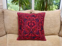 Red Embroidered Cushion Cover, Boho Cushion, Bohemian Decor, Thai Hmong Colourful - thumbnail 1