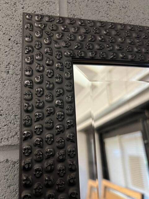 Handcrafted Ornate Black Skulls Wood Mirror - Bevelled Gothic Chic Home Decor - image 1
