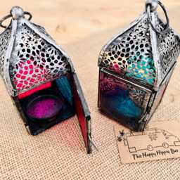 Handmade Small Silver Recycled Metal & Glass Lanterns, Beautiful Moroccan Style Turquoise & Pink T Light Holder - thumbnail 4