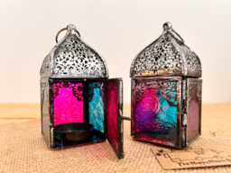 Handmade Small Silver Recycled Metal & Glass Lanterns, Beautiful Moroccan Style Turquoise & Pink T Light Holder - thumbnail 1