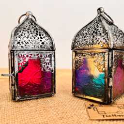 Handmade Small Silver Recycled Metal & Glass Lanterns, Beautiful Moroccan Style Turquoise & Pink T Light Holder - thumbnail 2