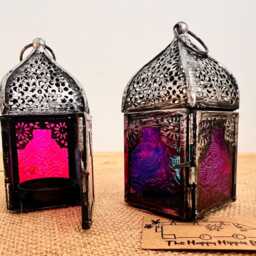 Handmade Small Silver Recycled Metal & Glass Lanterns, Beautiful Moroccan Style Turquoise & Pink T Light Holder - thumbnail 3