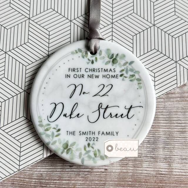 Personalised First Christmas At Address New Home Gift Eucalyptus Botanical Greenery Design Ceramic Or Acrylic Round Ornament Keepsake