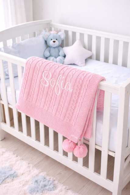 Personalised Baby Blanket, Embroidered, Cable Knit With Pom Poms , Personalized Baby Gift, Pink - image 1