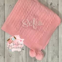 Personalised Baby Blanket, Embroidered, Cable Knit With Pom Poms , Personalized Baby Gift, Pink - thumbnail 2