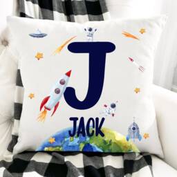 Personalised Space Cushion Gift , Printed Name Design, Themed Cushion, Rocket Pillow For Girls Boys Bedroom Christmas - thumbnail 2