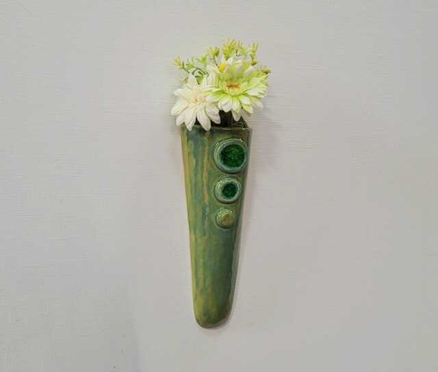 Hand Made Green Ceramic & Glass Pottery Wall Hanging Vase Planter Indoor Outdoor - image 1