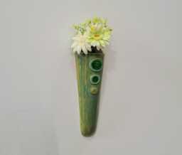 Hand Made Green Ceramic & Glass Pottery Wall Hanging Vase Planter Indoor Outdoor - thumbnail 1