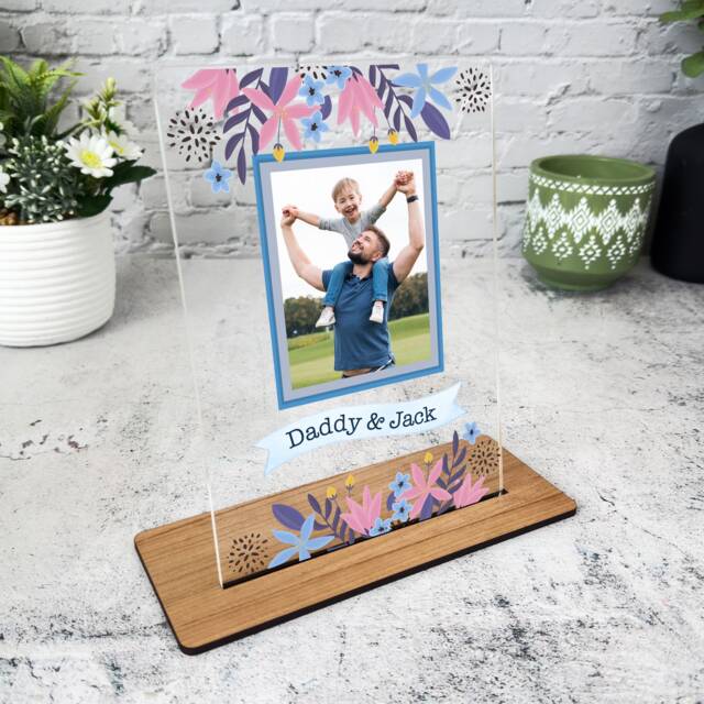 Gift For Dad Floral Blue Frame Photo Personalised Acrylic Plaque - Gift, Custom - image 1