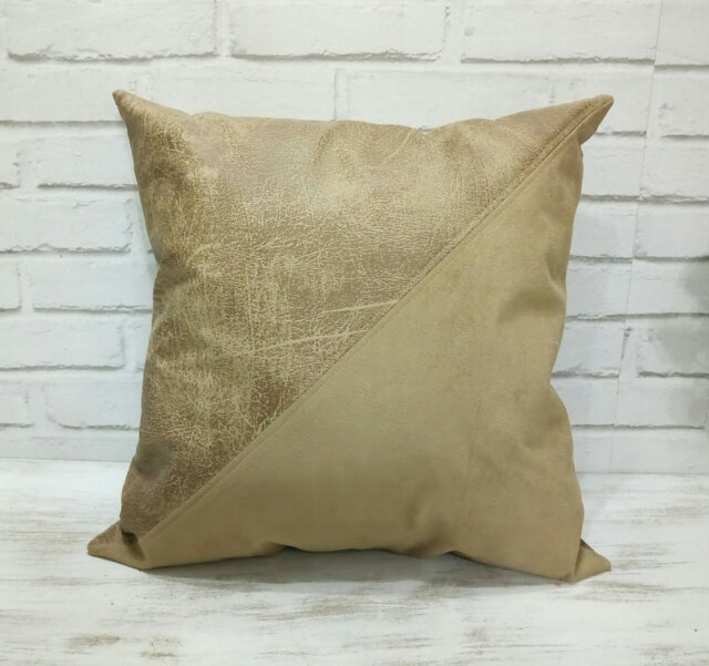 Beige Faux Nubuck Fabric Pillow Cover-Diagonal Triangle Design-Nubuck Look-Suede Look 16x16Inch(40x40cm-1Pcs - image 1