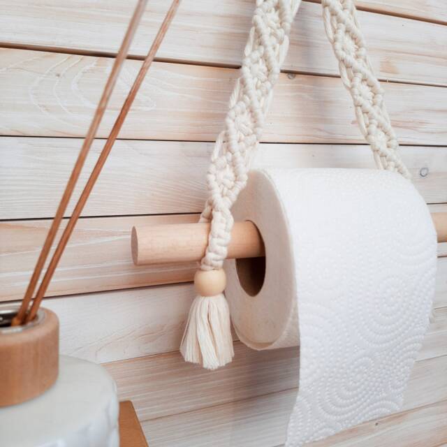Natural Toilet Paper Holder Macrame Wall Hanging Bathroom Decoration Nordic Decor New Home Gift Recycled Cotton Cord Off White Wood - image 1