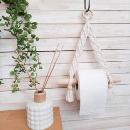 Natural Toilet Paper Holder Macrame Wall Hanging Bathroom Decoration Nordic Decor New Home Gift Recycled Cotton Cord Off White Wood - thumbnail 2