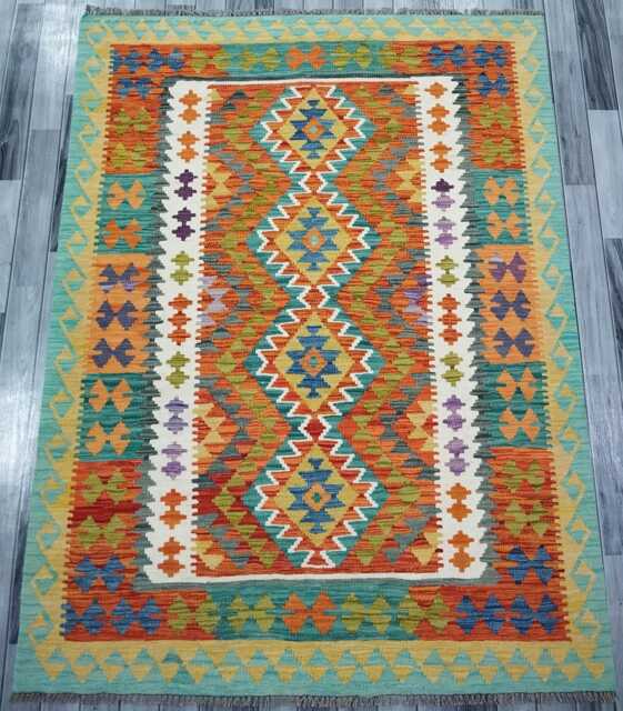 Kilim Rug Classic, Handmade Artisan Afghan Turkish, Scandinavian, Navajo, Bohemian Flatweave, Natural Wool 199x150 cm - image 1