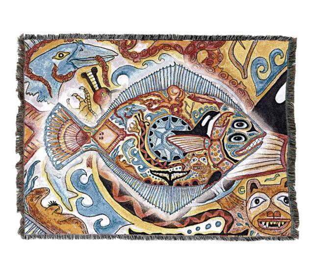 Halibut Fish Woven Tapestry Blanket, Native American Inspired, Pacific Northwest Totem Throw By Sue Coccia 100% Cotton Made in Usa 72x54 - image 1