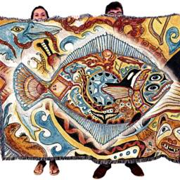 Halibut Fish Woven Tapestry Blanket, Native American Inspired, Pacific Northwest Totem Throw By Sue Coccia 100% Cotton Made in Usa 72x54 - thumbnail 2