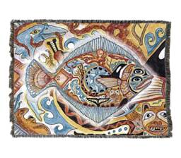 Halibut Fish Woven Tapestry Blanket, Native American Inspired, Pacific Northwest Totem Throw By Sue Coccia 100% Cotton Made in Usa 72x54