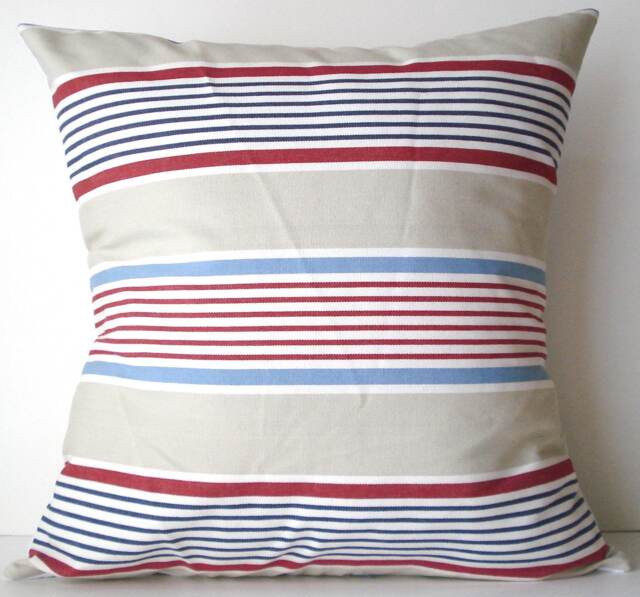New 18x18 Inch Designer Handmade Pillow Case in Red, Sand, White & Blue Stripe
