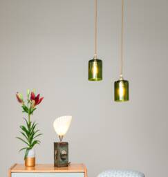 Hanging Lamp Vino Green, Upcycling Glass With Brass Socket & Textile Cable - thumbnail 1