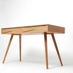 Handmade Mid-Century Modern Oak Desk, Brass Drawer Front, Solid Wood - thumbnail 2