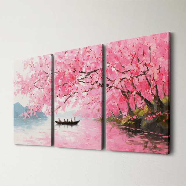 Romantic Cherry Blossom Grove Oil Painting Soft Pinks & Muted Landscape Gouache Wall Art Split Canvas Home Decor Nature Spring - image 1