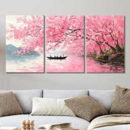 Romantic Cherry Blossom Grove Oil Painting Soft Pinks & Muted Landscape Gouache Wall Art Split Canvas Home Decor Nature Spring - thumbnail 2
