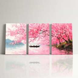 Romantic Cherry Blossom Grove Oil Painting Soft Pinks & Muted Landscape Gouache Wall Art Split Canvas Home Decor Nature Spring - thumbnail 3