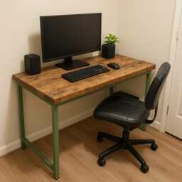 Handmade Reclaimed Wood Desk Sage Green Steel Frame, Rustic Industrial Style