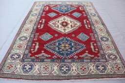 4'4x6'4 Ft Geometric Kazak Rug - Red Beige Blue Afghan Hand Knotted Natural Dyes Wool Area Oriental Bedroom Boho Carpet - thumbnail 1