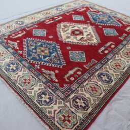 4'4x6'4 Ft Geometric Kazak Rug - Red Beige Blue Afghan Hand Knotted Natural Dyes Wool Area Oriental Bedroom Boho Carpet - thumbnail 2