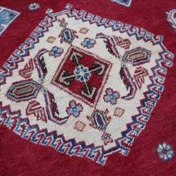 4'4x6'4 Ft Geometric Kazak Rug - Red Beige Blue Afghan Hand Knotted Natural Dyes Wool Area Oriental Bedroom Boho Carpet - thumbnail 3