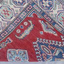 4'4x6'4 Ft Geometric Kazak Rug - Red Beige Blue Afghan Hand Knotted Natural Dyes Wool Area Oriental Bedroom Boho Carpet - thumbnail 4