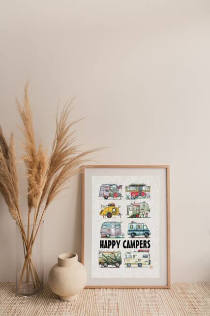 Campers Rv Camping Trailers Poster - 13x19 Wall Decor Art Happy Camper Print Whimsical Glamping - image 1
