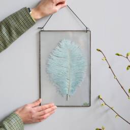 Ostrich Feather in Stained Glass Frame, Burlesque Window Hangings, Framed Blue Feather, Minimalist Wall Decor - thumbnail 1