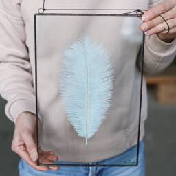 Ostrich Feather in Stained Glass Frame, Burlesque Window Hangings, Framed Blue Feather, Minimalist Wall Decor - thumbnail 2