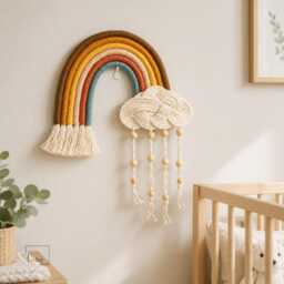 Rainbow Wall Hanging, Boho Nursery Decor, Baby Room Art, Neutral Handmade Cotton Rainbow, Shower Gift - thumbnail 2