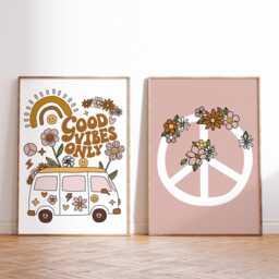 Boho Nursery Print Set - Good Vibes Only Peace Sign & Flowers Playroom Decor Unframed - thumbnail 1