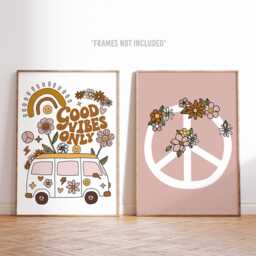 Boho Nursery Print Set - Good Vibes Only Peace Sign & Flowers Playroom Decor Unframed - thumbnail 2