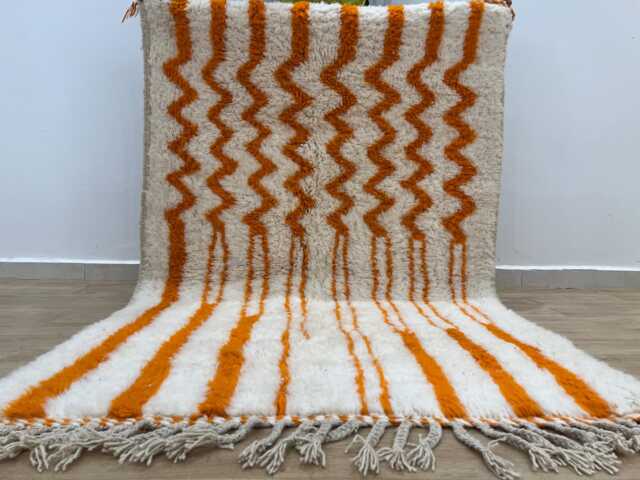 Orange Striped Moroccan Rug , Rugs For Living Room Custom Handmade Wool Berber Beni Ourain 10x14