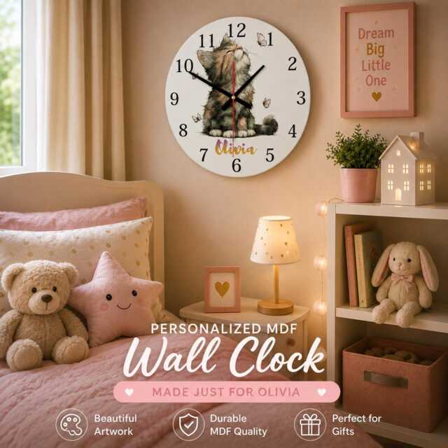 Personalised Cat Wall Clock, Floral Kitten Nursery Kids Room Decor, Baby Gift - image 1