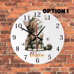 Personalised Cat Wall Clock, Floral Kitten Nursery Kids Room Decor, Baby Gift - thumbnail 2