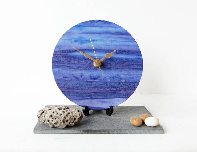 Blue Desk Clock - Decoupage Fabric & Purple Abstract Batik Stripy Round - image 1