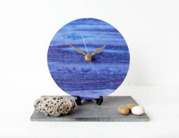 Blue Desk Clock - Decoupage Fabric & Purple Abstract Batik Stripy Round - thumbnail 1