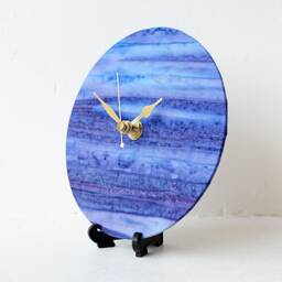 Blue Desk Clock - Decoupage Fabric & Purple Abstract Batik Stripy Round - thumbnail 3