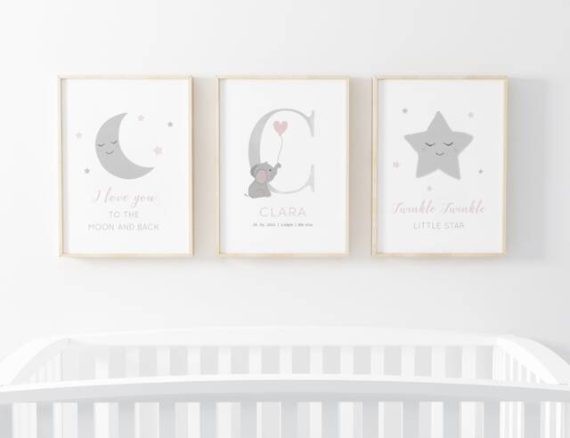 Gender Neutral Prints, Personalised Grey Elephant Print, Baby Boy, Nursery Girls Bedroom, Nursery, Wall Art, New Gift - image 1
