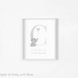 Gender Neutral Prints, Personalised Grey Elephant Print, Baby Boy, Nursery Girls Bedroom, Nursery, Wall Art, New Gift - thumbnail 3