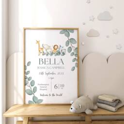 Safari Animal Birth Details Print - New Baby Gift Personalised Nursery Wall Art - Only - thumbnail 3