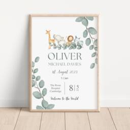 Safari Animal Birth Details Print - New Baby Gift Personalised Nursery Wall Art - Only - thumbnail 1