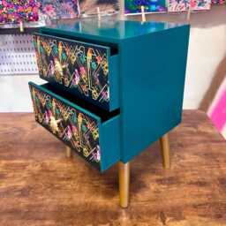 Emerald Green, Gold Tropical Art Deco Square Nightstand. Parrot, Floral Colourful Two Drawer Bedside Table. Customisable End Table - thumbnail 3